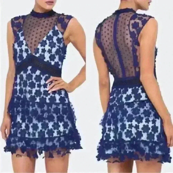 SELF PORTRAIT Womens Flower Lace Navy / Blue overlay dress Sz 8 EUC - Picture 1 of 9